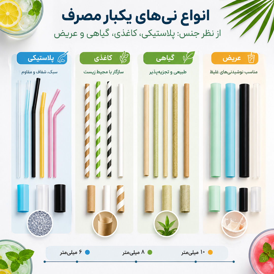 انواع نی یکبار مصرف از نظر جنس و مواد سازنده